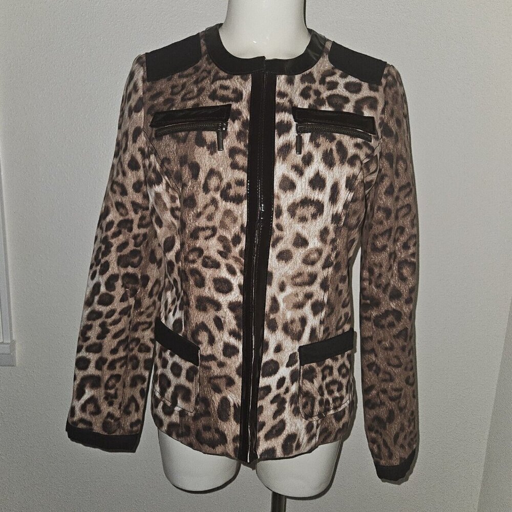 Chico’s Leopard Print Jacket Size 0 Brown Black Animal Print Clasp Closure